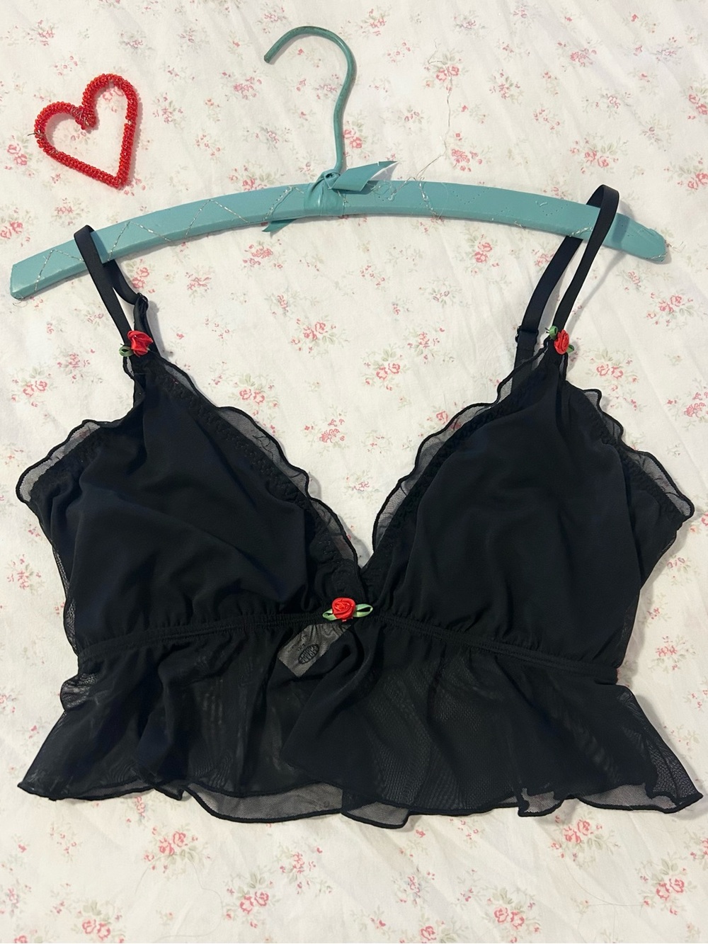 Sheer Black Lace-Trim Bralette with Red Rose Accents